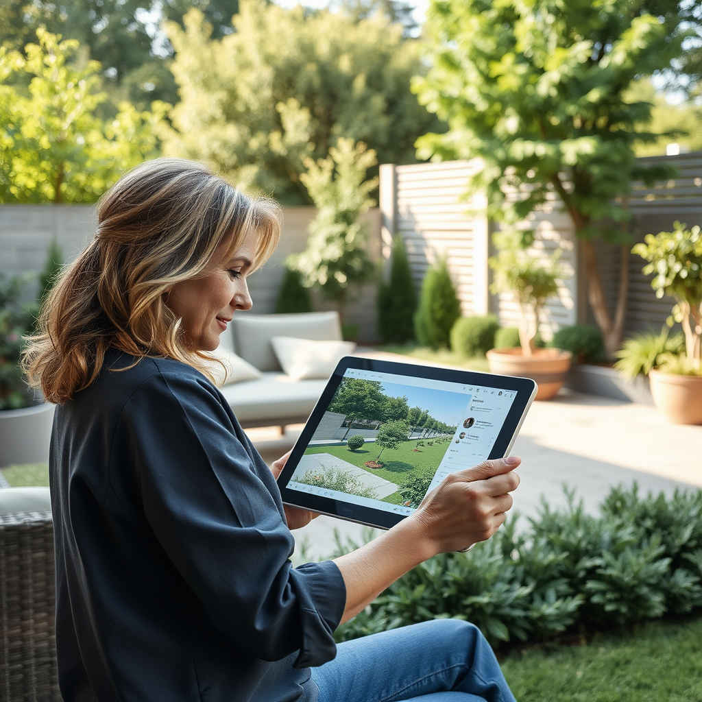 Celia Thorne designing a landscape on a tablet with trees and shrubs in the background