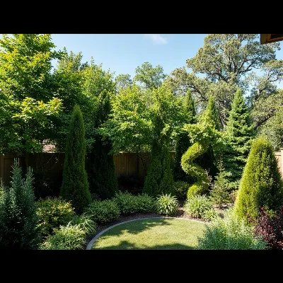 Beautifully designed garden with lush trees and shrubs providing privacy