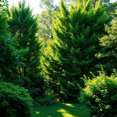 Lush garden with a dense privacy screen of trees and shrubs