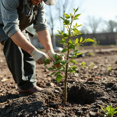 Professional landscaper planting a young tree with proper support